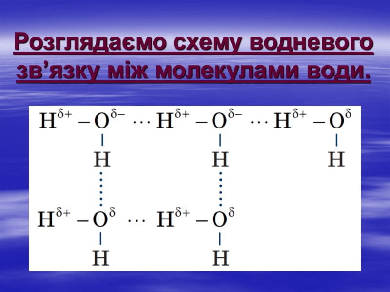 Розглядаємо схему водневого зв’язку між молекулами води.